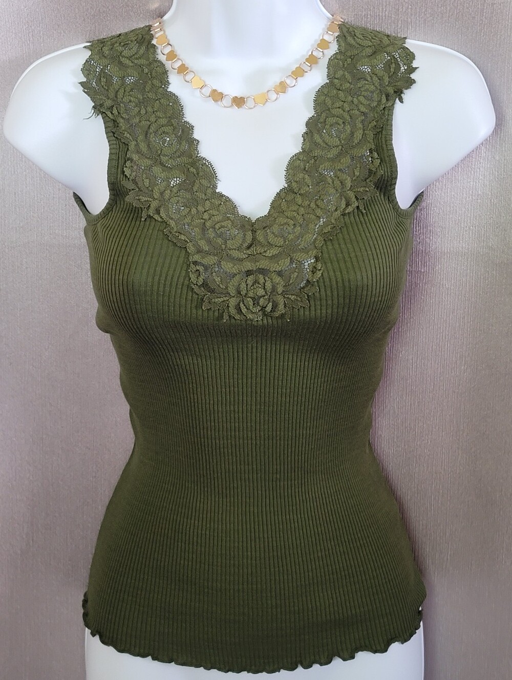 Olive Green Lace-Trim Ribbed Tank Top